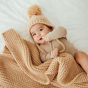 Latte Garter Stitch Knit Blanket - Beanie Hats