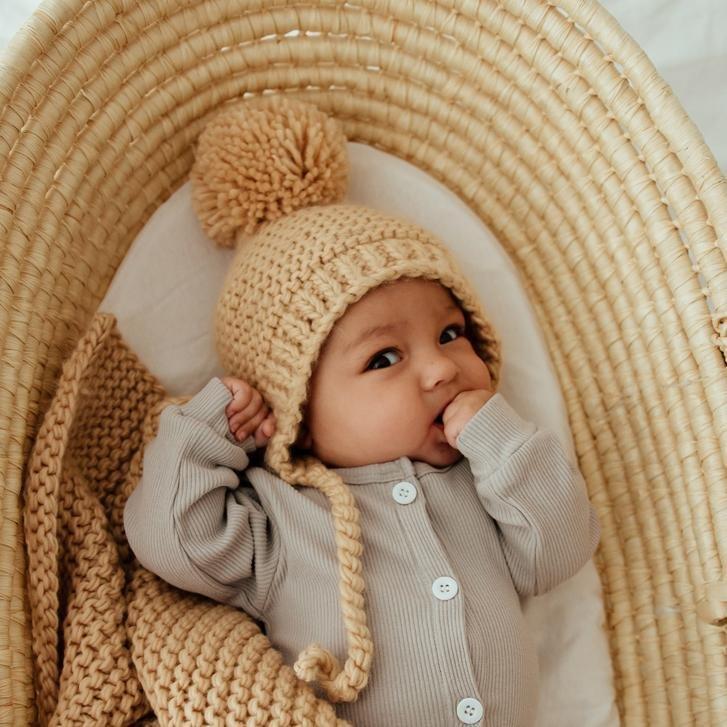 Latte Garter Stitch Knit Bonnet - Beanie Hats