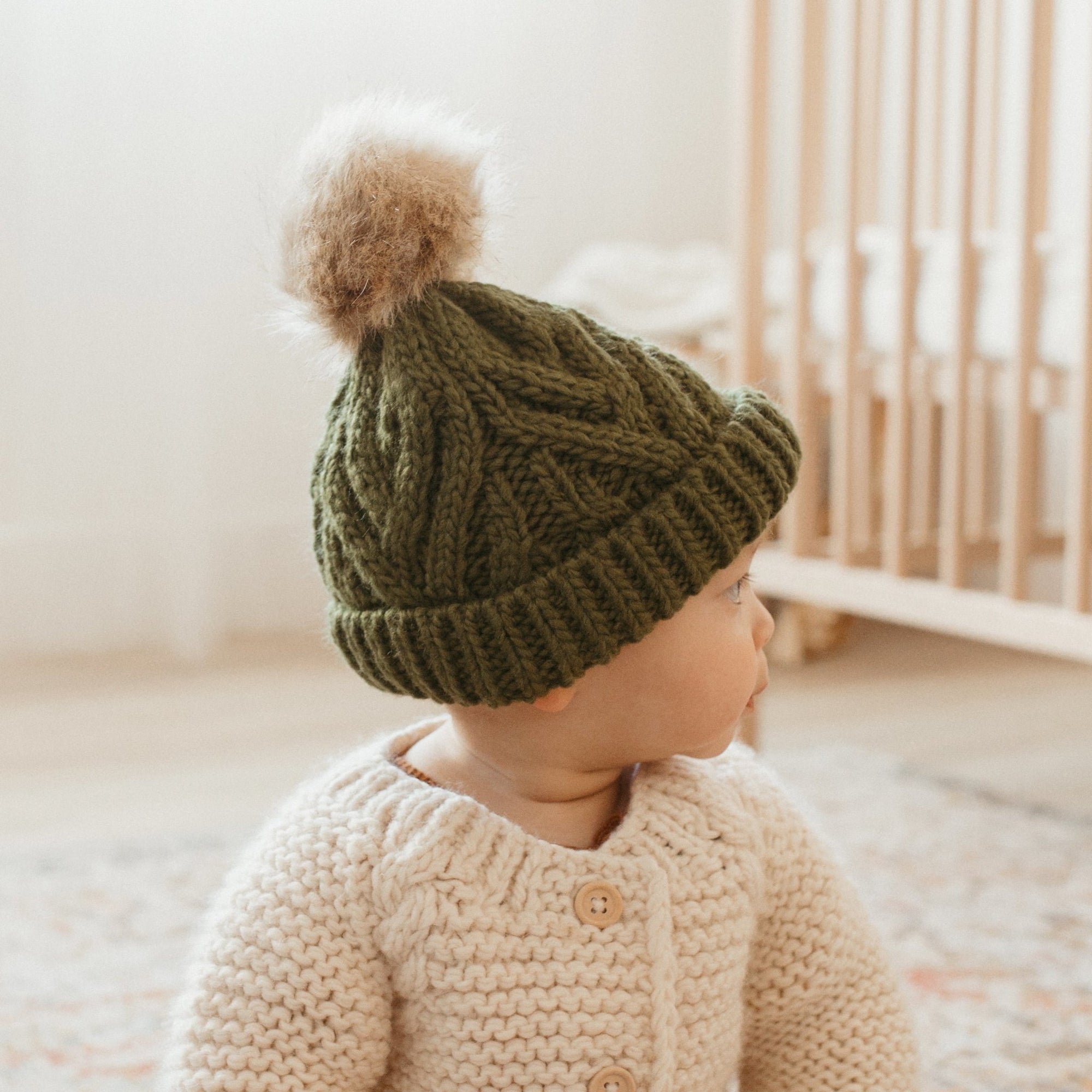 Mossy Pop Pom Pom Beanie Hat due Jul/Aug - Beanie Hats