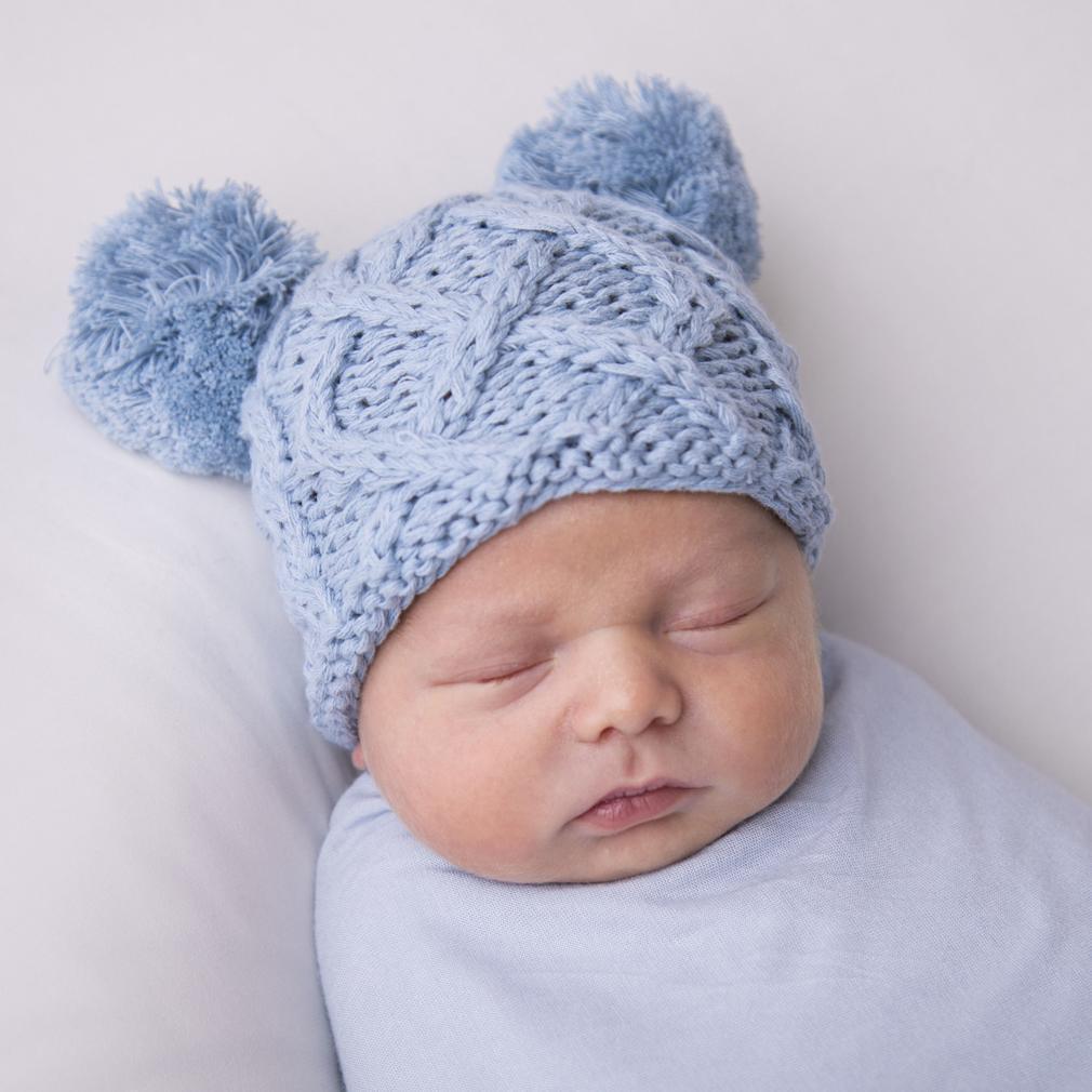 Newborn Aran Chambray Double Pom Pom Beanie Hat - Newborn Knits