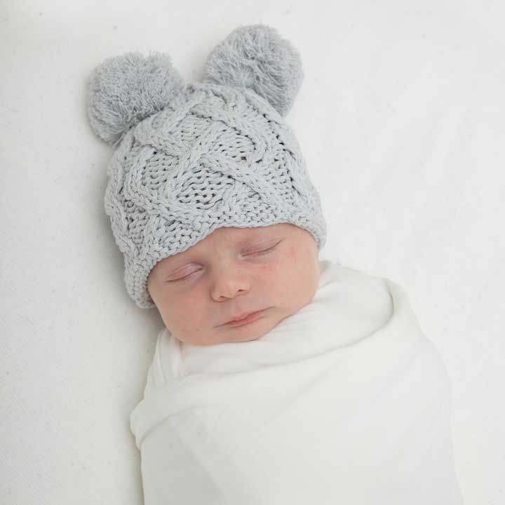 Newborn Aran Grey Double Pom Pom Beanie Hat - Newborn Knits