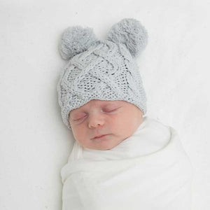 Newborn Aran Grey Double Pom Pom Beanie Hat - Newborn Knits