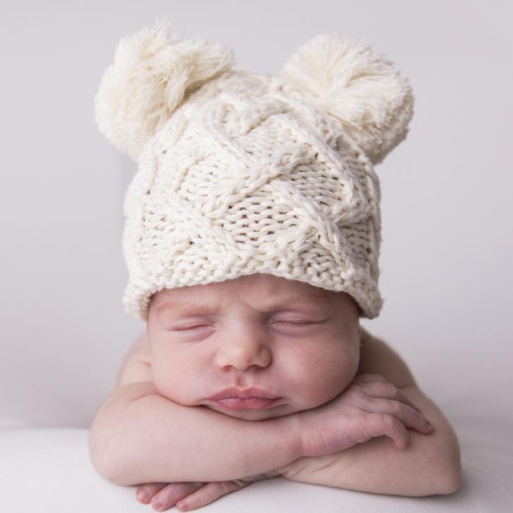 Newborn Aran Natural Double Pom Pom Beanie Hat - Newborn Knits
