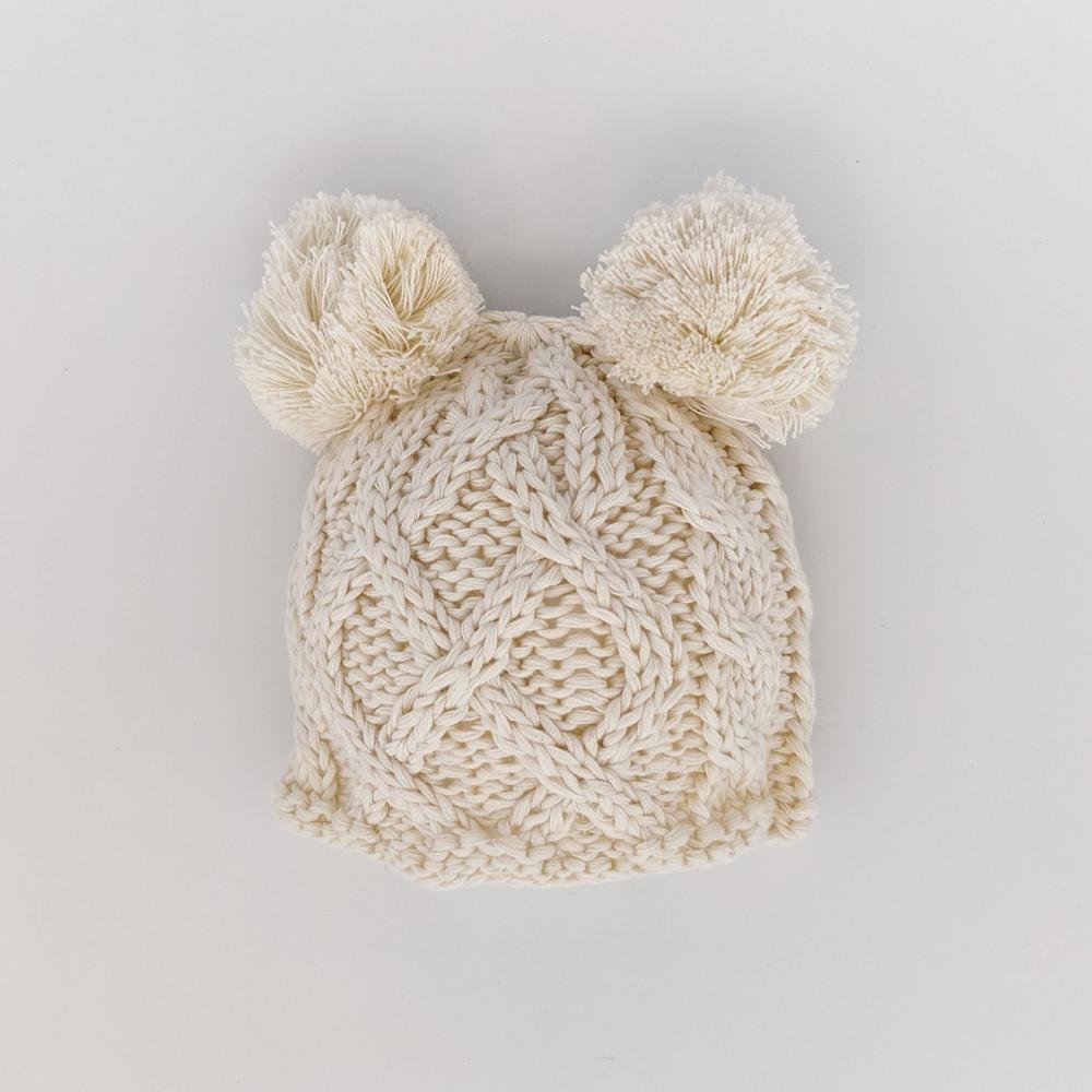 Newborn Aran Natural Double Pom Pom Beanie Hat - Newborn Knits