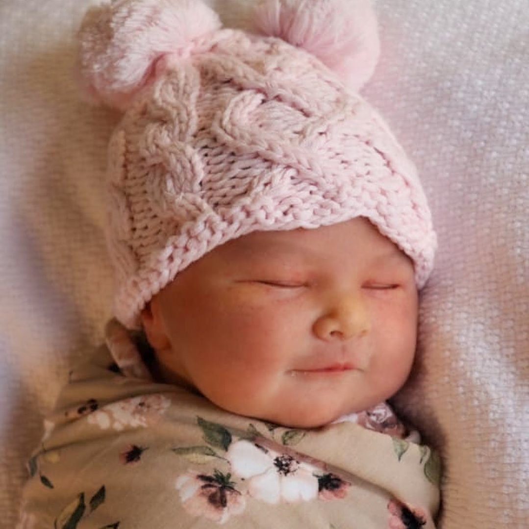 Newborn Aran Pink Double Pom Pom Beanie Hat - Newborn Knits