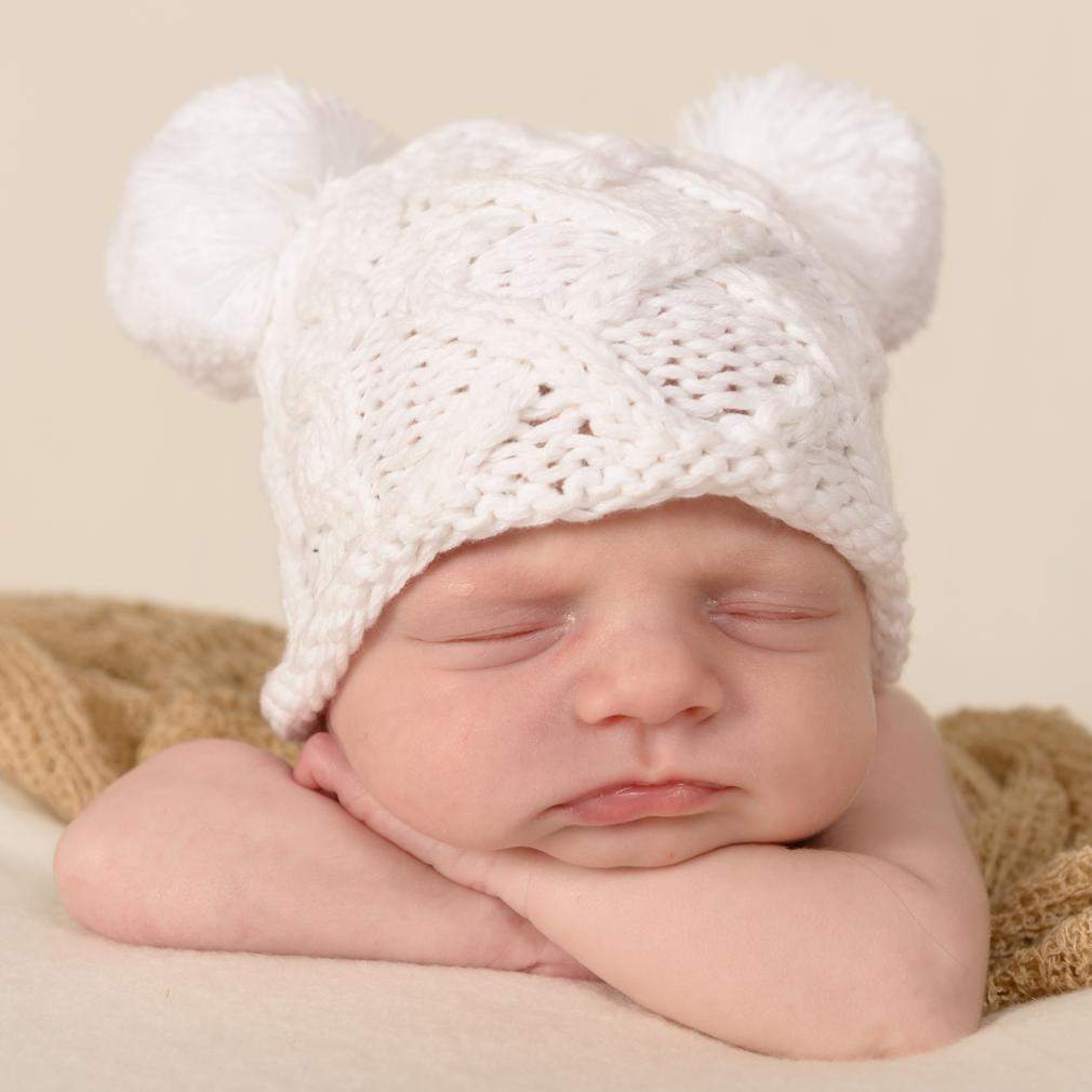 Newborn Aran White Double Pom Pom Beanie Hat - Newborn Knits