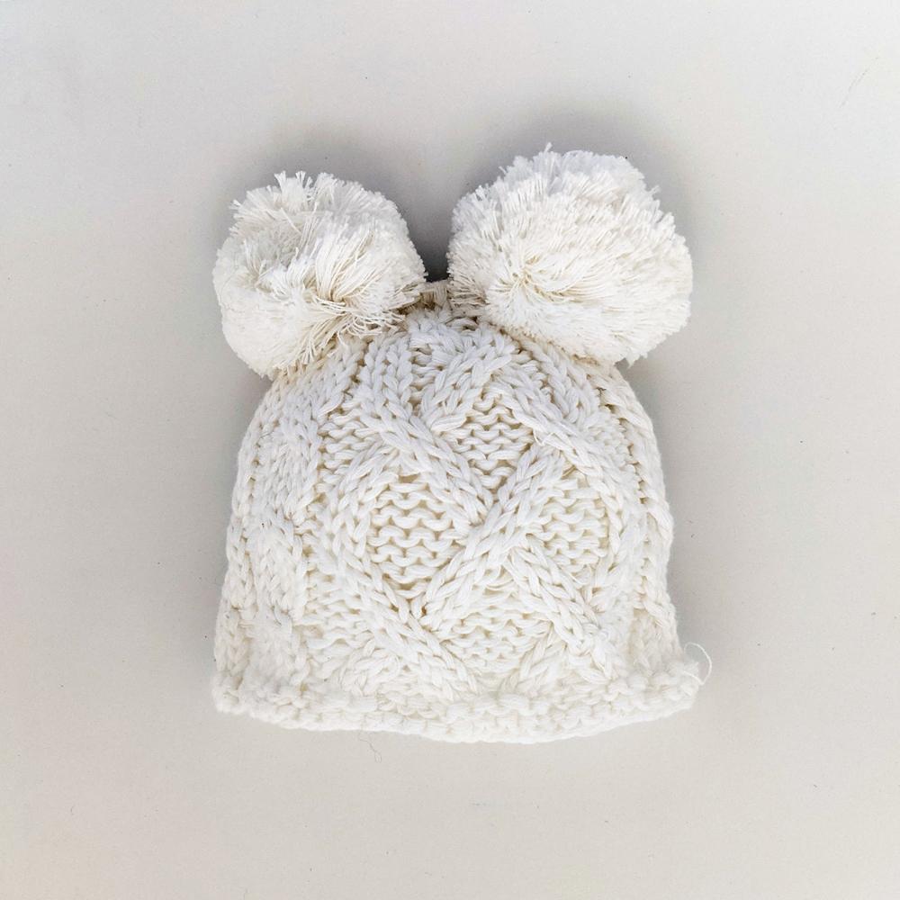 Newborn Aran White Double Pom Pom Beanie Hat - Newborn Knits