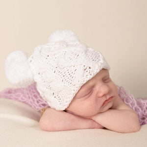 Newborn Aran White Double Pom Pom Beanie Hat - Newborn Knits