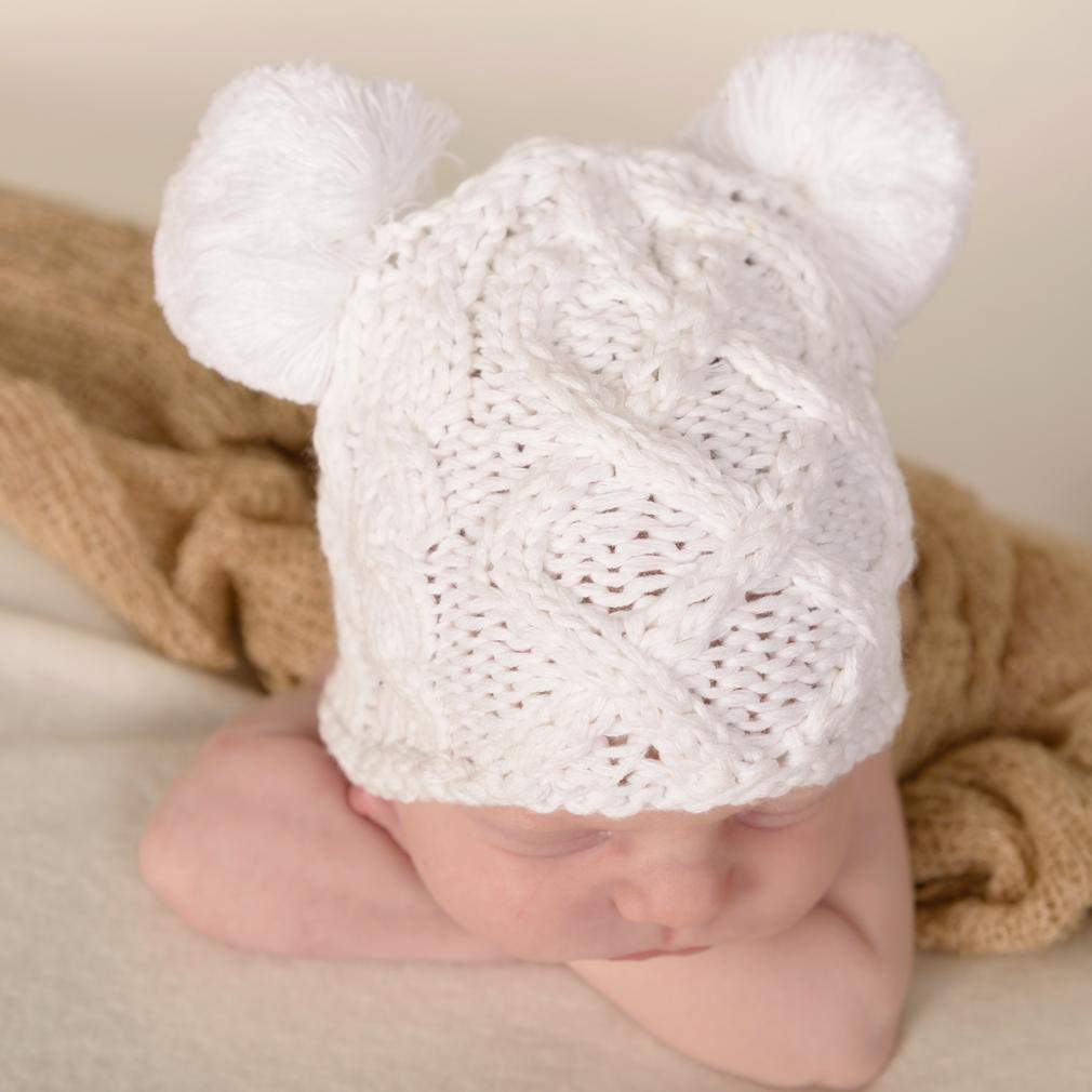 Newborn Aran White Double Pom Pom Beanie Hat - Newborn Knits