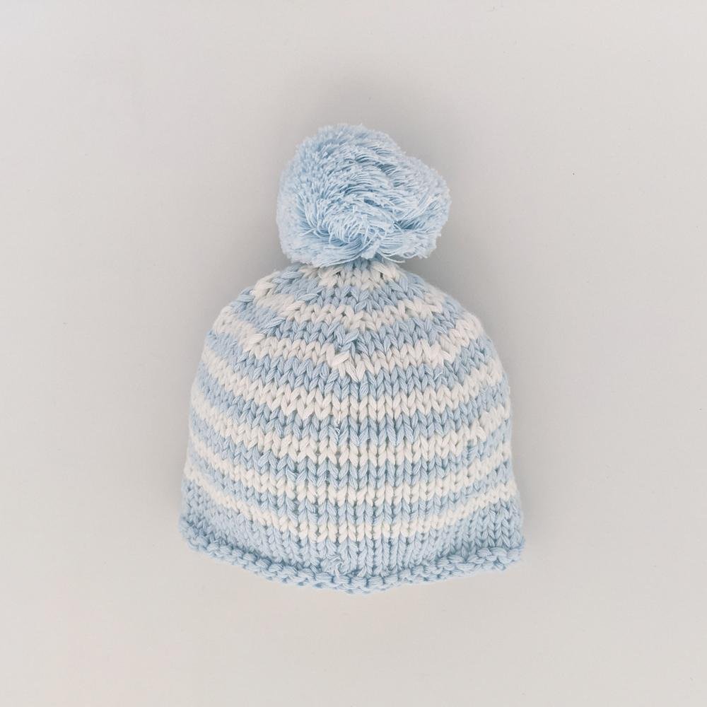 Newborn Blue Pom Pom Beanie Hat - Newborn Knits