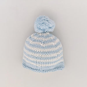 Newborn Blue Pom Pom Beanie Hat - Newborn Knits