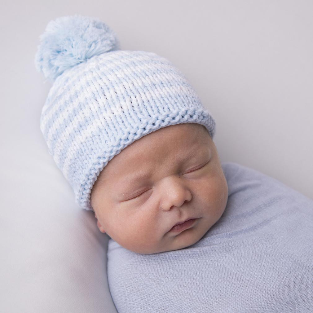 Newborn Blue Pom Pom Beanie Hat - Newborn Knits