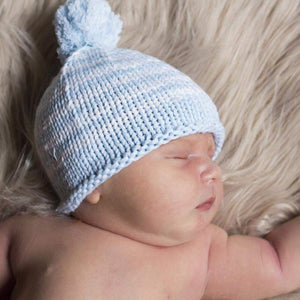 Newborn Blue Pom Pom Beanie Hat - Newborn Knits