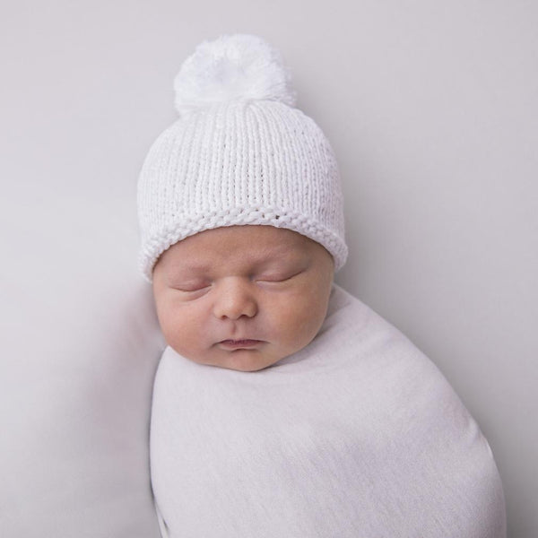 Newborn White Pom Pom Beanie Hat Infant - Huggalugs