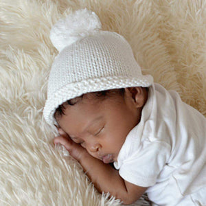 Newborn White Pom Pom Beanie Hat - Newborn Knits