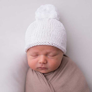 Newborn White Pom Pom Beanie Hat - Newborn Knits