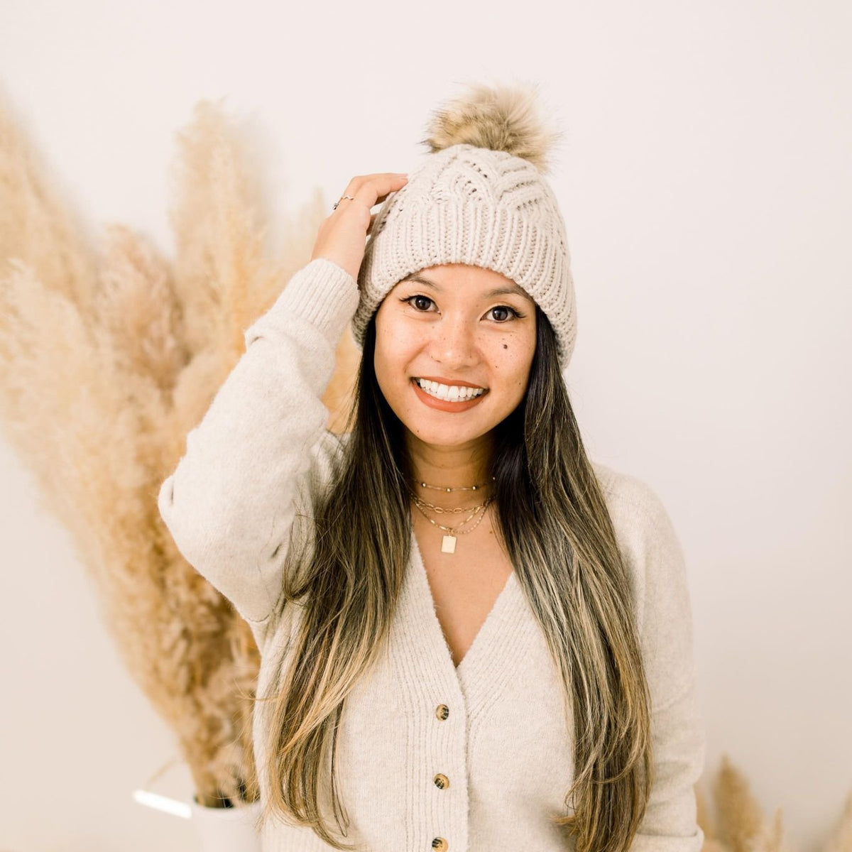 Oatmeal Pop Pom Pom Beanie Hat - Beanie Hats