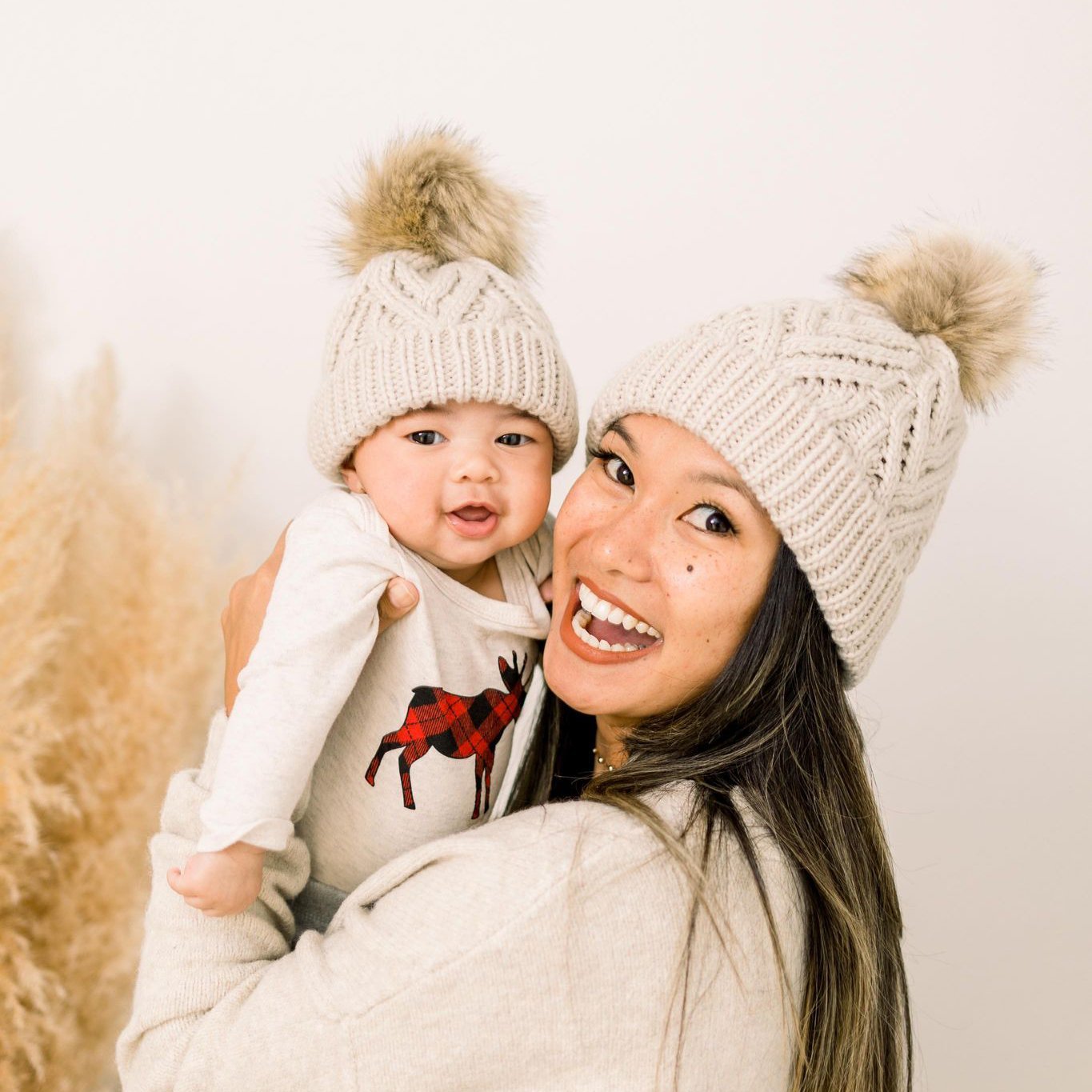 Oatmeal Pop Pom Pom Beanie Hat for Babies thru Adults - Huggalugs