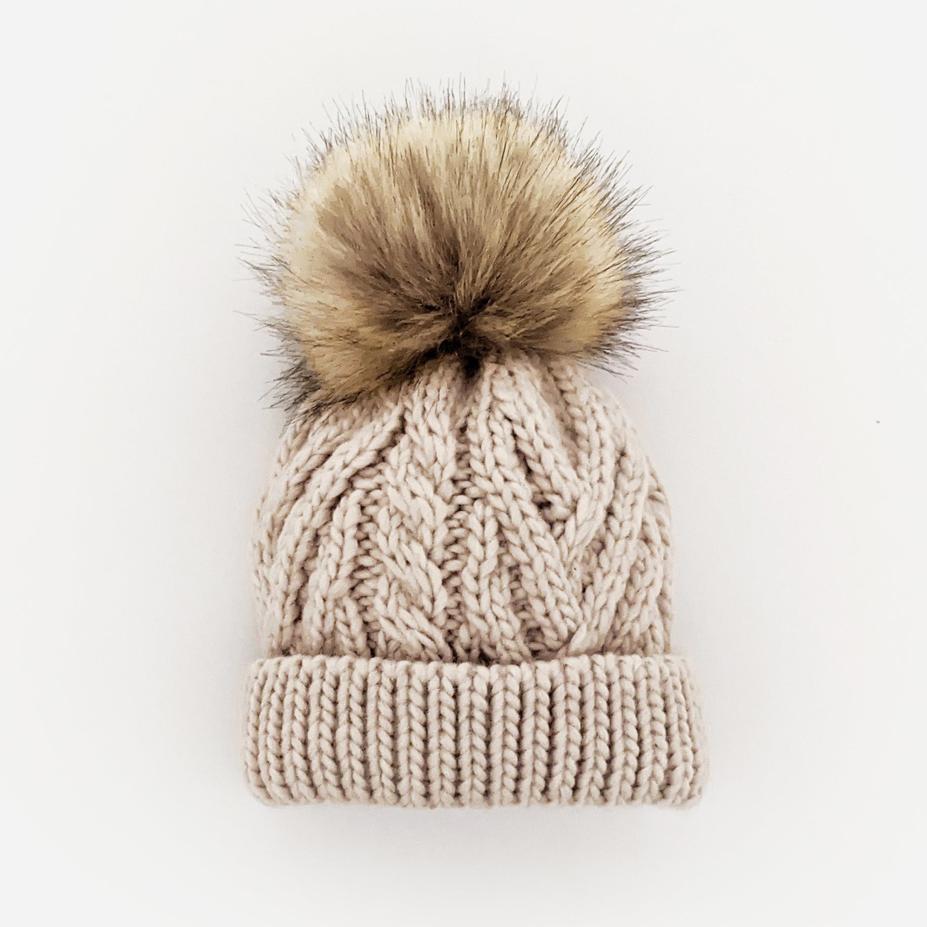 Huggalugs Aran Cable Natural Double Pom Newborn Beanie Hat