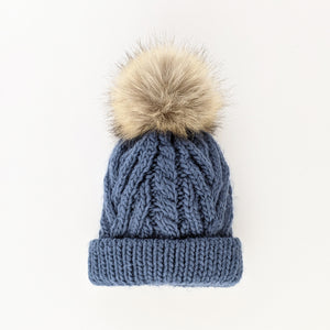 Slate Blue Pop Pom Pom Beanie Hat - Beanie Hats