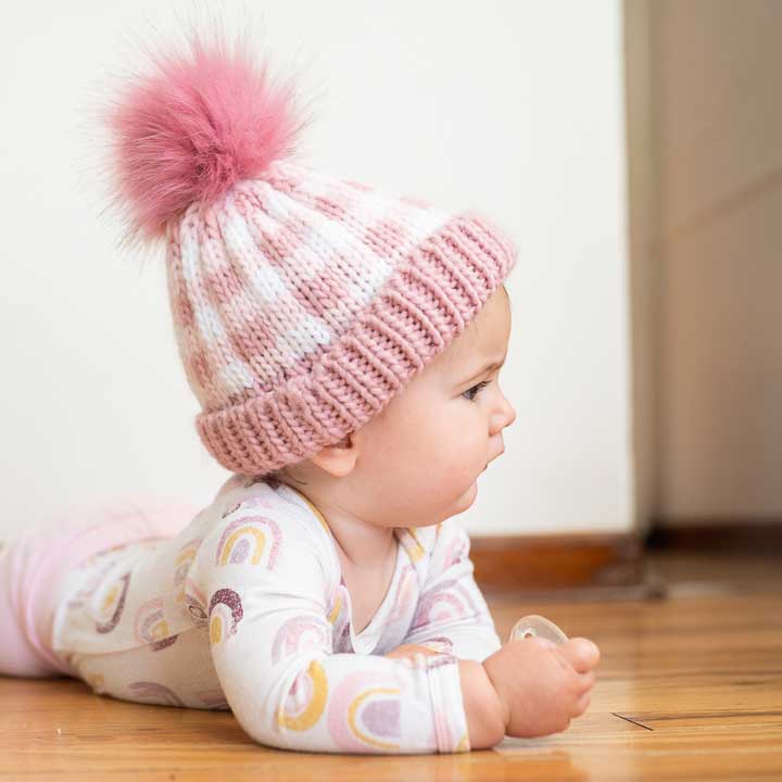 Rosy Pink Buffalo Check Pom Pom Beanie Hat for Babies, Toddlers & Kids -  Huggalugs