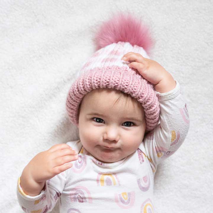 Rosy Pink Buffalo Check Pom Pom Beanie Hat for Babies, Toddlers & Kids