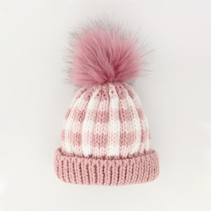 Huggalugs Rosy Pink Buffalo Check Pom Pom Beanie Hat, S