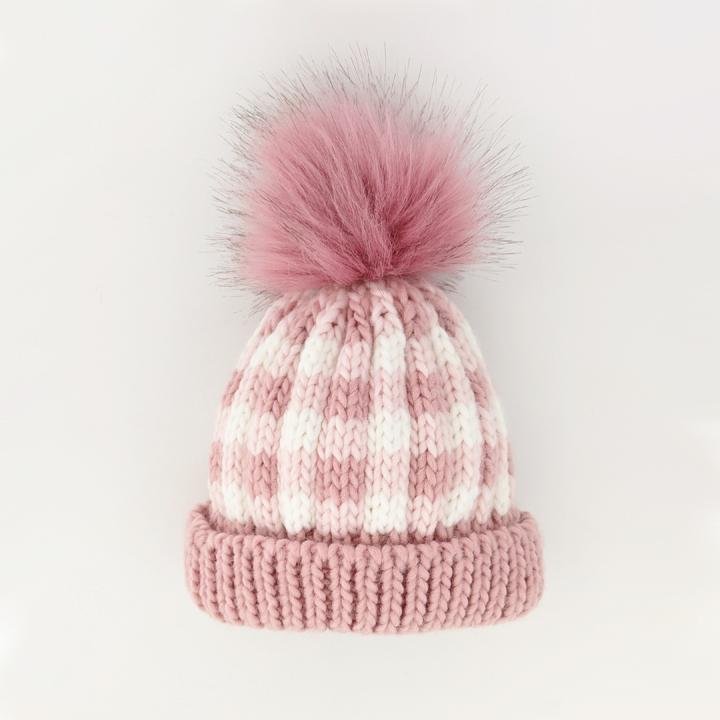 Rosy Pink Buffalo Check Pom Pom Beanie Hat for Babies, Toddlers