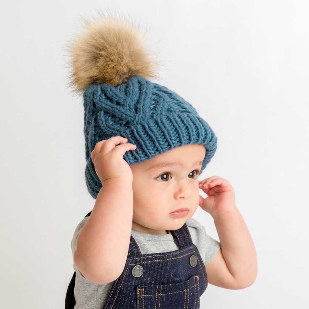 Slate Blue Pop Pom Pom Beanie Hat - Beanie Hats