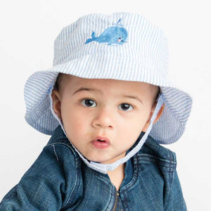 Whale Blue Seersucker UPF 25 Bucket Hat Huggalugs