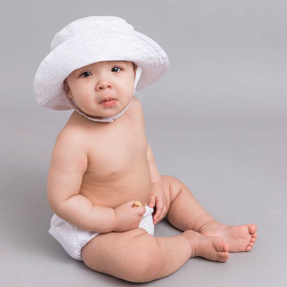 White Seersucker UPF 25+ Bucket Hat for Babies and Toddlers