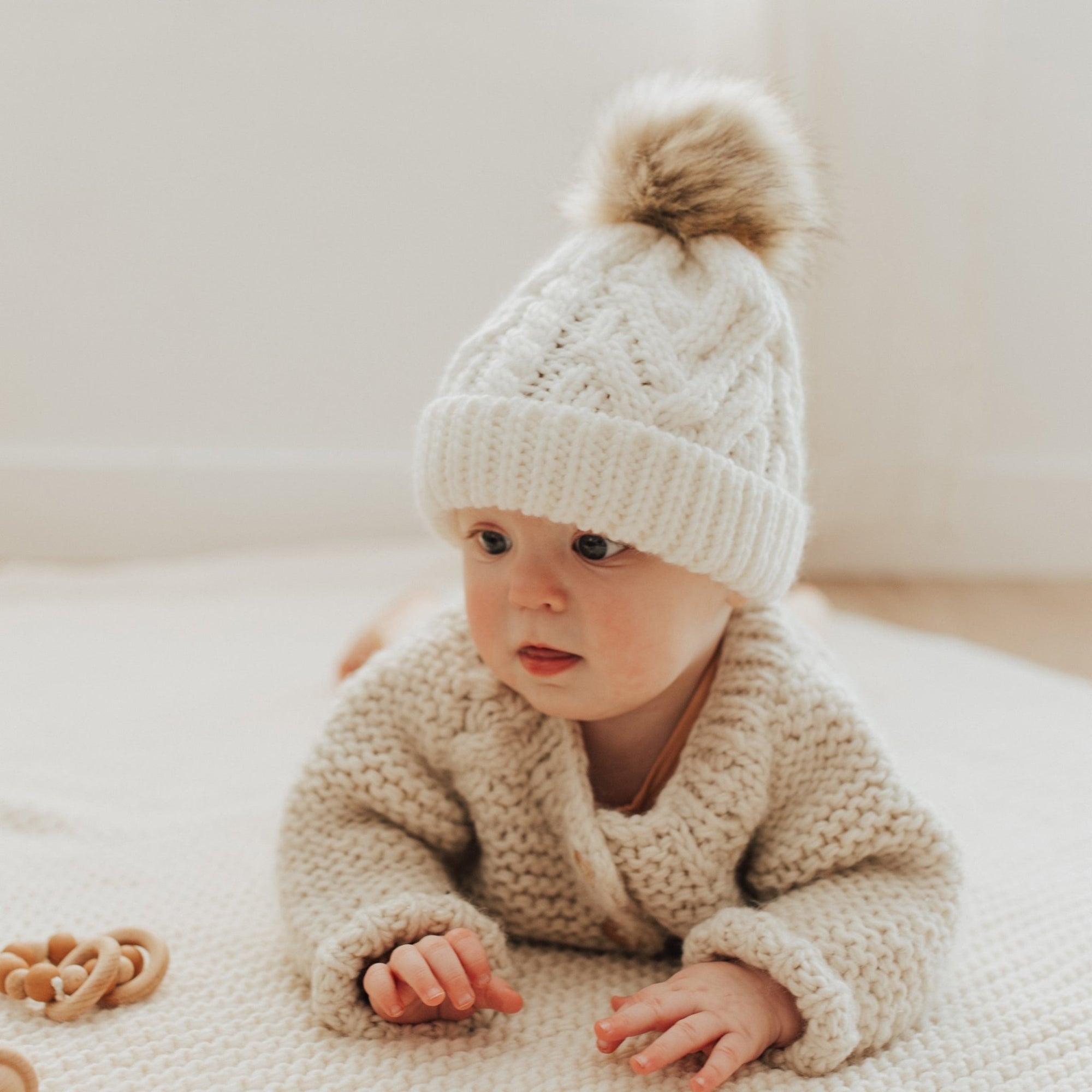 Winter White Pop Pom Pom Beanie Hat - Beanie Hats